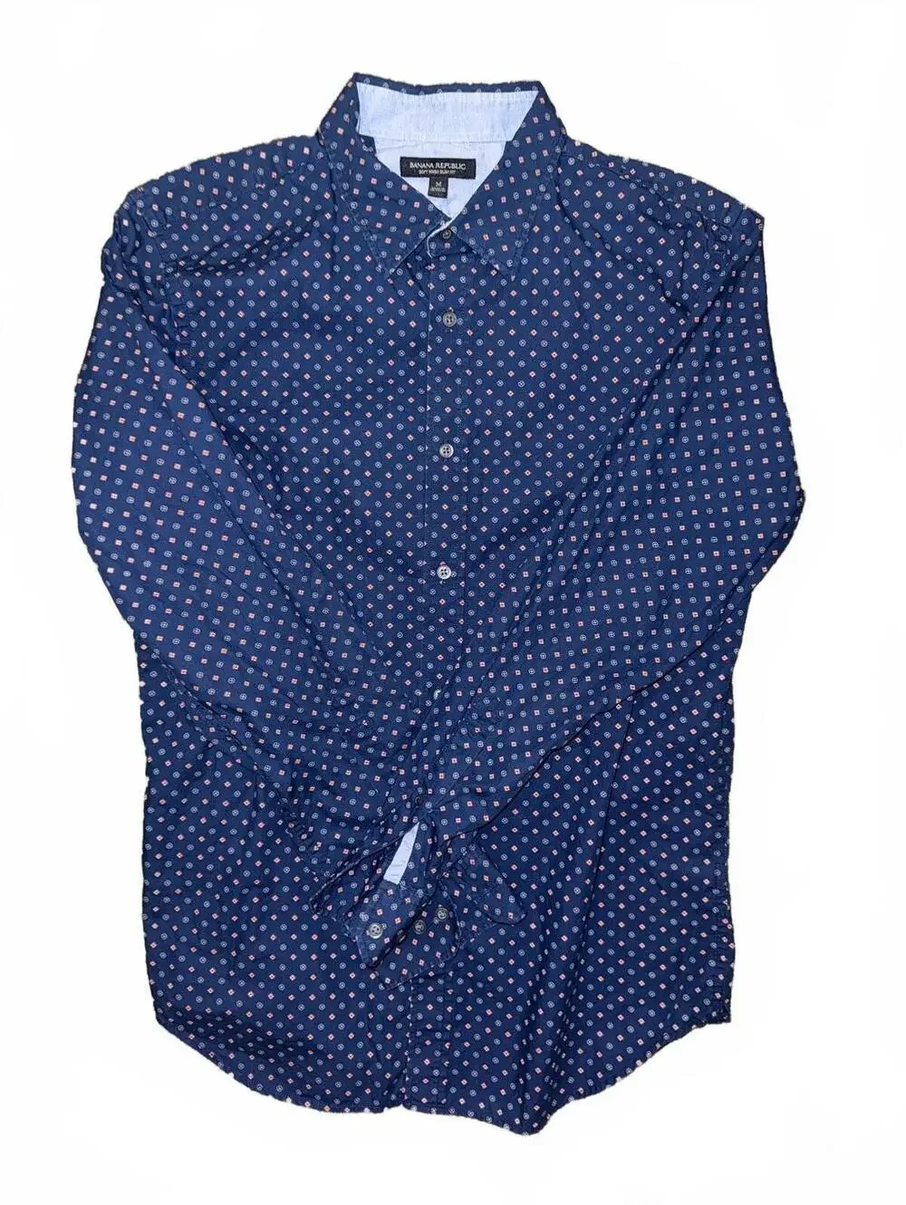 Men’s Banana Republic navy blue slim fit patterned button down shirt Size Medium